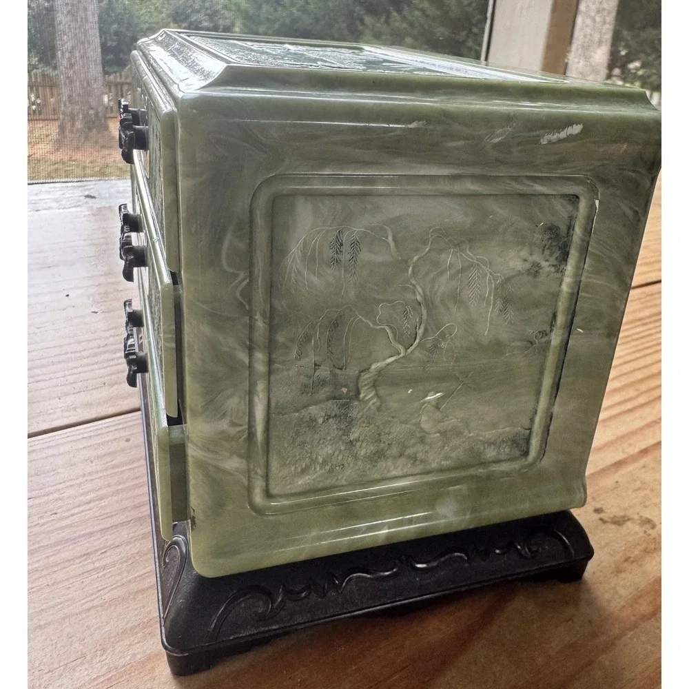 Vintage Faux Jade Chinoiserie Jewelry Box | 3-Drawer‎ Dragon Pulls | Mid Century